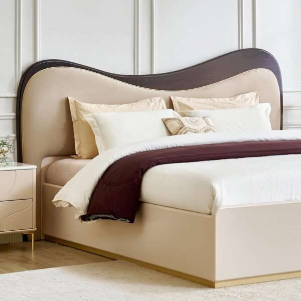Sereno Luxe Upholstered Bed With Curved Wooden Backrest