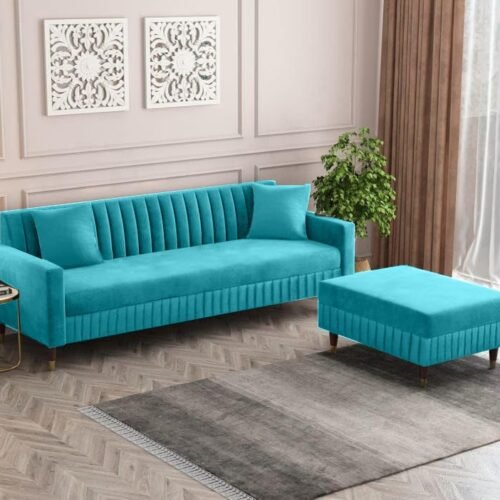 Aqualine Teal Channel-Tufted Sofa with Ottoman