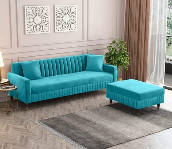 Aqualine Teal Channel-Tufted Sofa with Ottoman