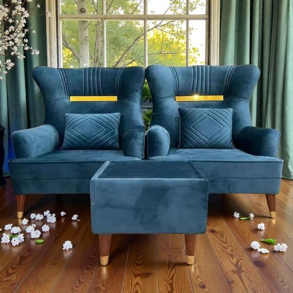 Blue Velvet Wingback Chair With Ottoman