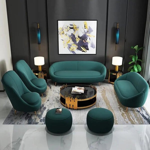 Verdea Curve Green Upholstered 6-seater Sofa + 2 Puffies+2 High Back Chairs